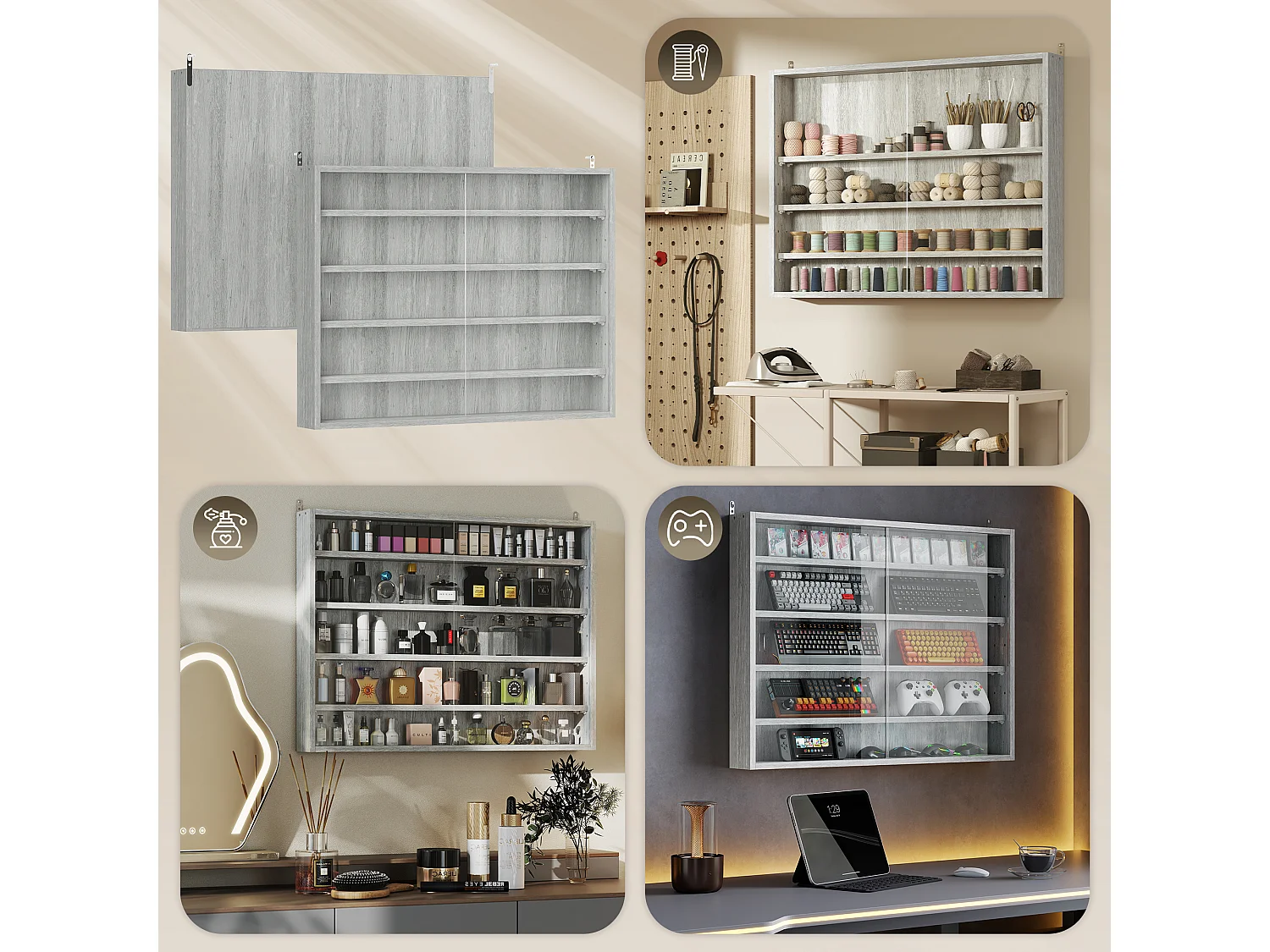 Bacheca per collezionismo a 5 livelli in legno grigio