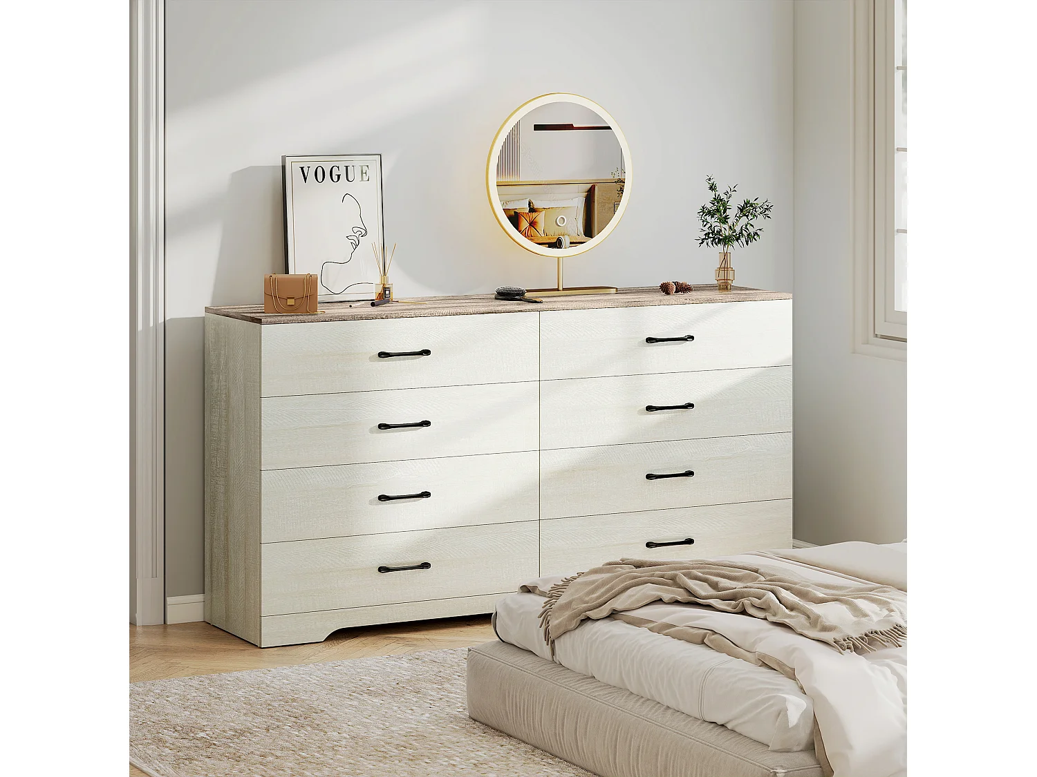 Cassettiera 8 cassetti moderna grigio chiaro e noce 140x40x86 cm