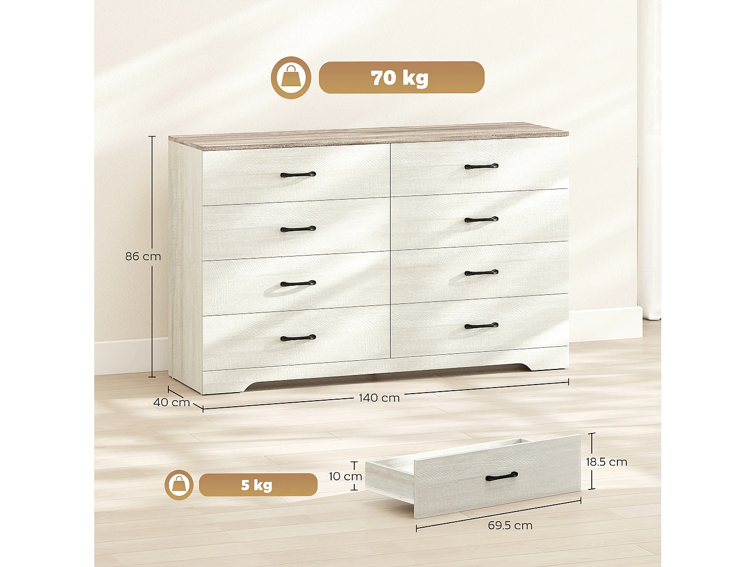 Cassettiera 8 cassetti moderna grigio chiaro e noce 140x40x86 cm