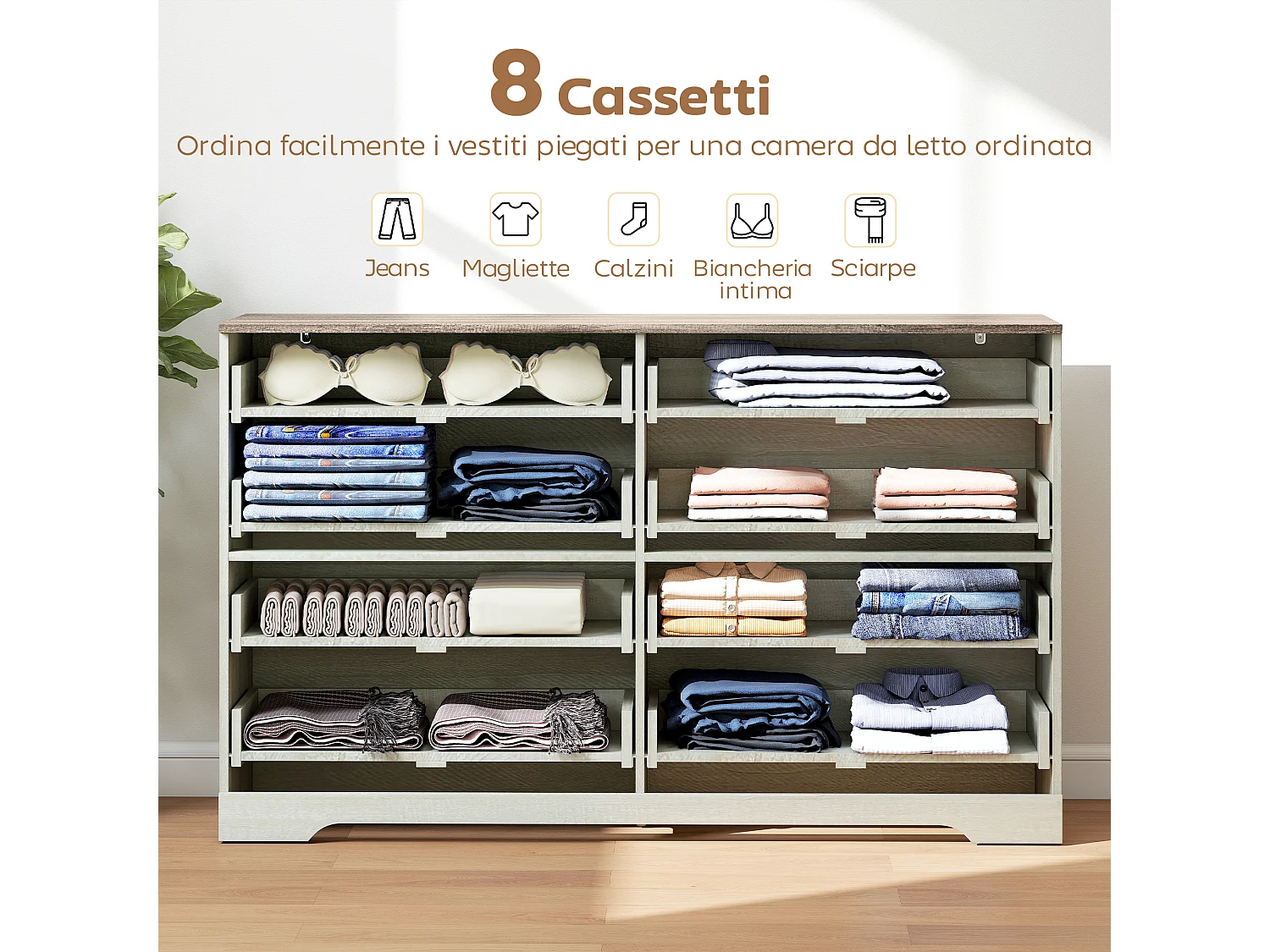 Cassettiera 8 cassetti moderna grigio chiaro e noce 140x40x86 cm