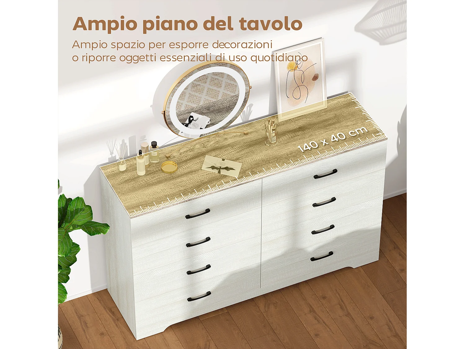 Cassettiera 8 cassetti moderna grigio chiaro e noce 140x40x86 cm