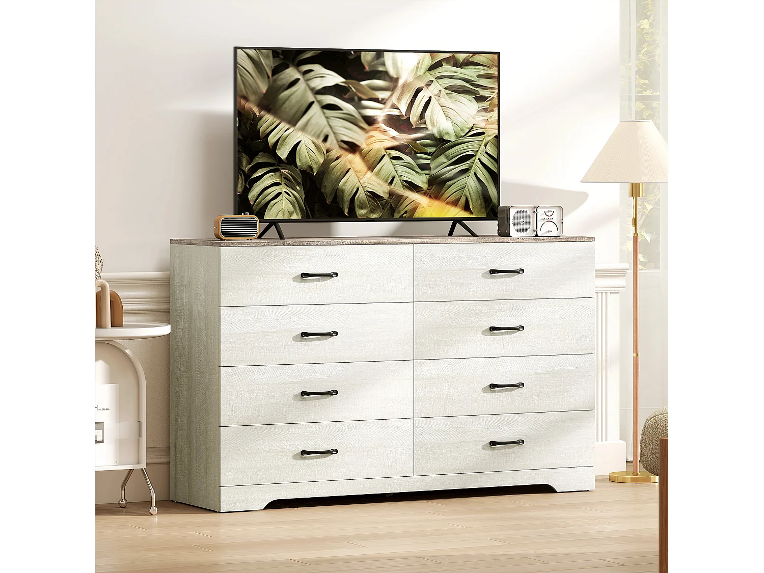 Cassettiera 8 cassetti moderna grigio chiaro e noce 140x40x86 cm