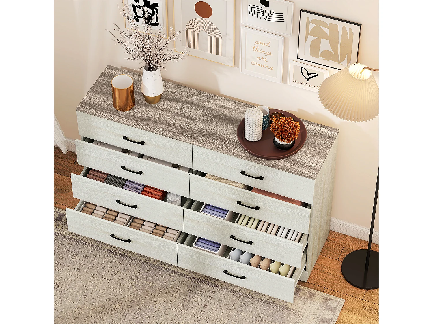 Cassettiera 8 cassetti moderna grigio chiaro e noce 140x40x86 cm