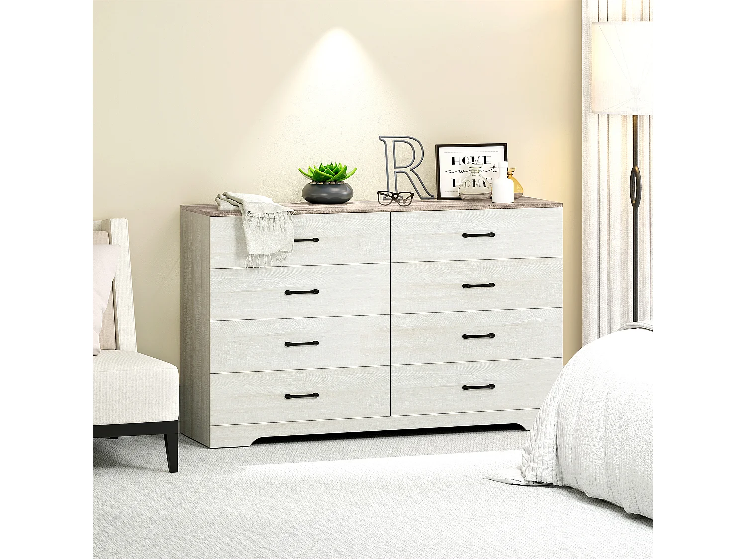 Cassettiera 8 cassetti moderna grigio chiaro e noce 140x40x86 cm