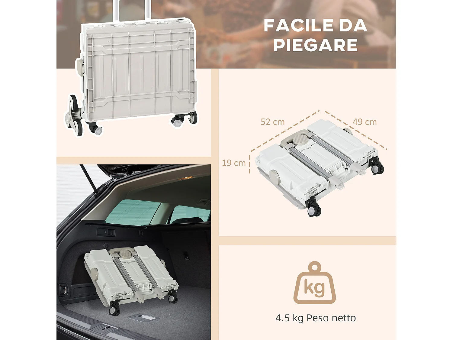 Carrello spesa pieghevole con ruote per scale in alluminio bianco