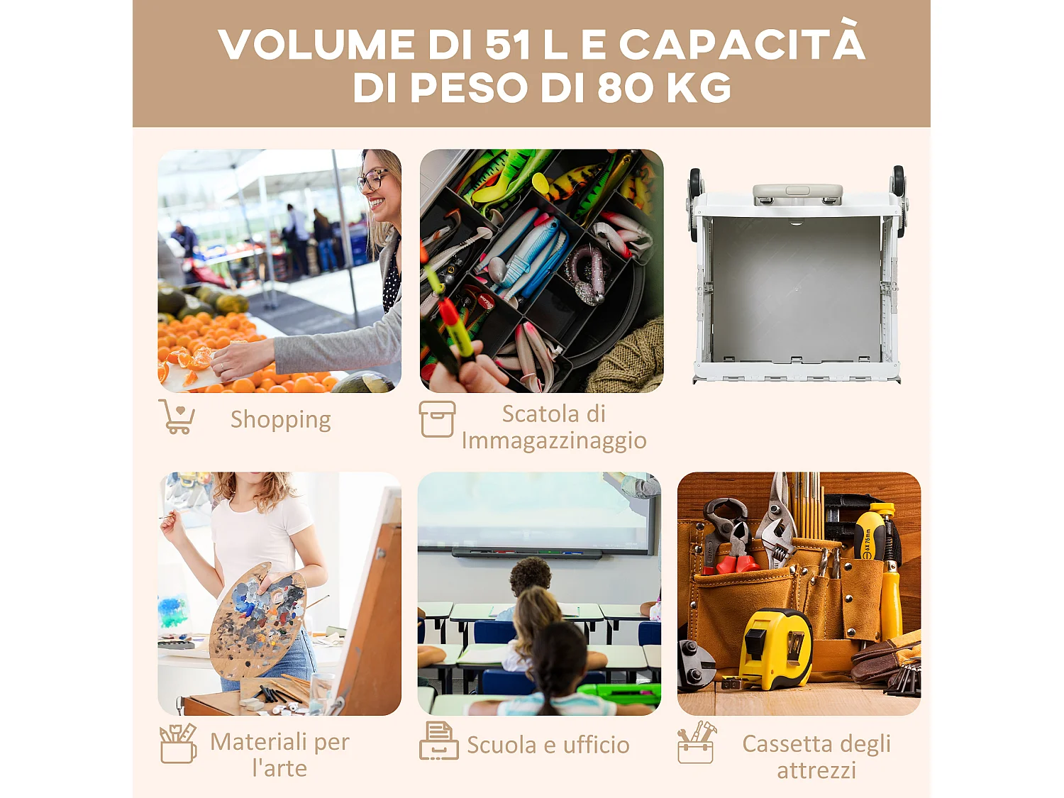 Carrello spesa pieghevole con ruote per scale in alluminio bianco