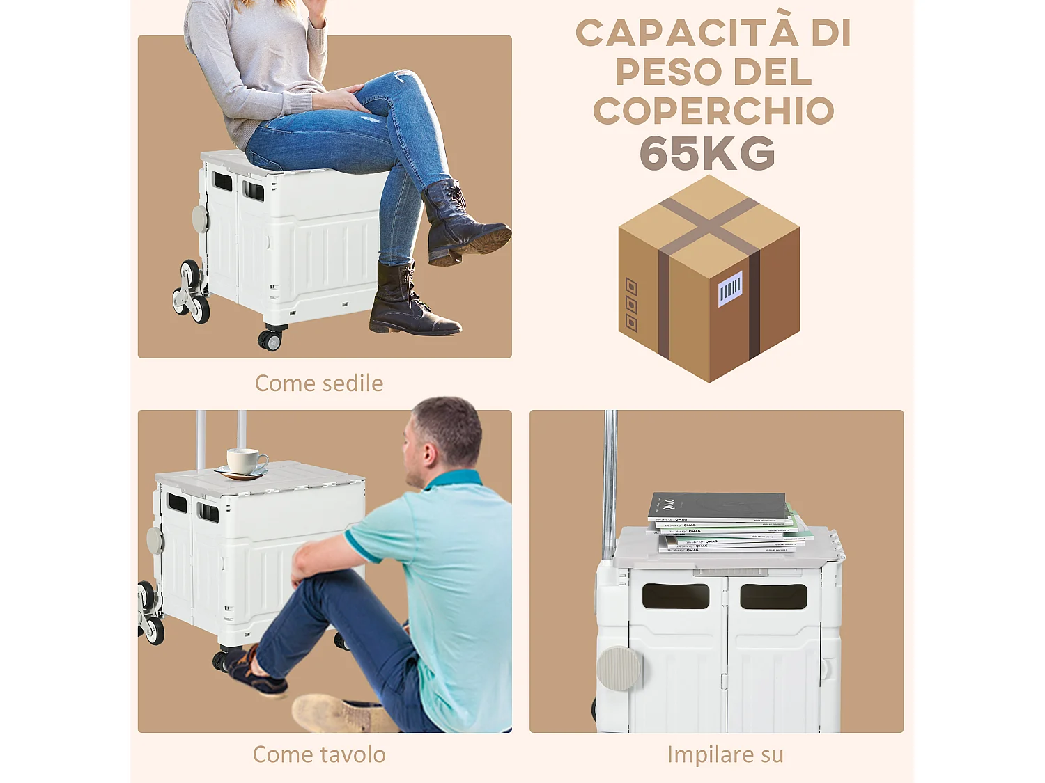 Carrello spesa pieghevole con ruote per scale in alluminio bianco
