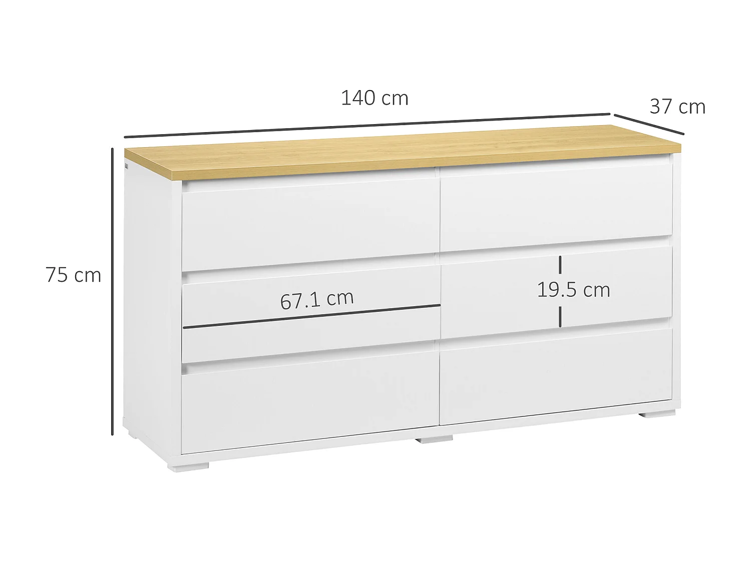 Cassettiera 6 cassetti in truciolato bianco e color legno