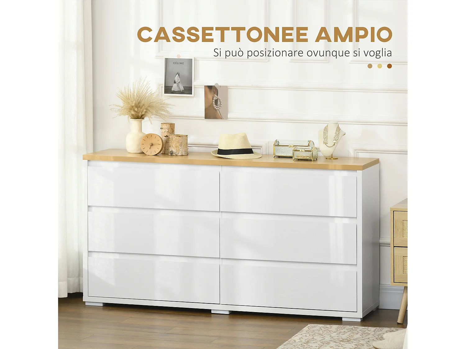 Cassettiera 6 cassetti in truciolato bianco e color legno