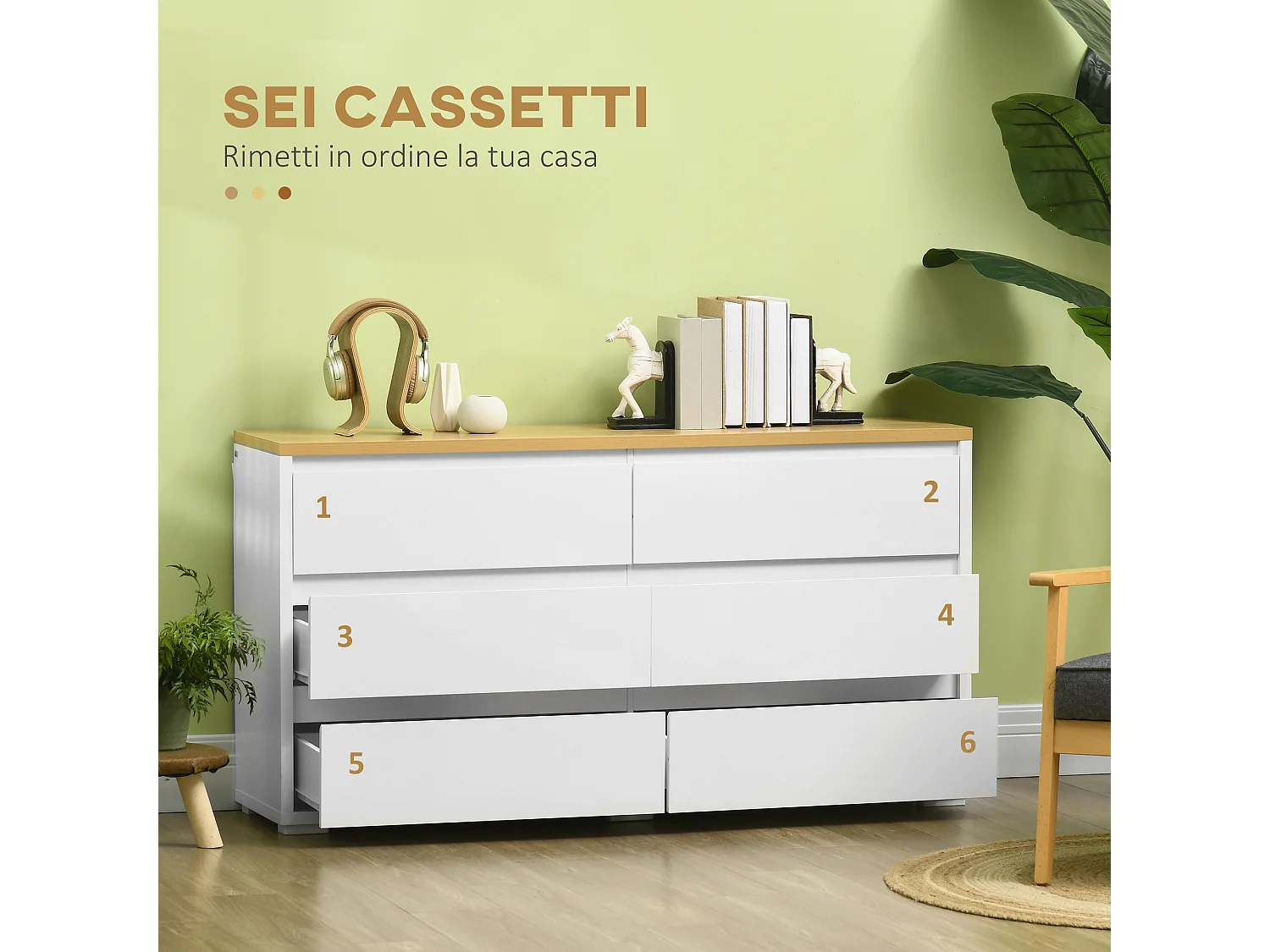 Cassettiera 6 cassetti in truciolato bianco e color legno