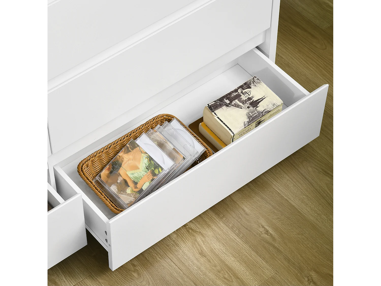 Cassettiera 6 cassetti in truciolato bianco e color legno