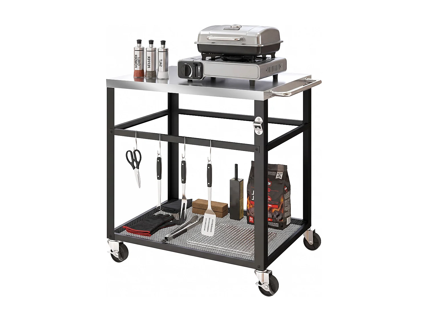 Carrello per barbecue con piano in acciaio inox nero
