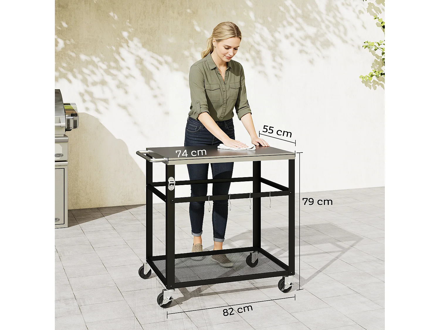 Carrello per barbecue con piano in acciaio inox nero