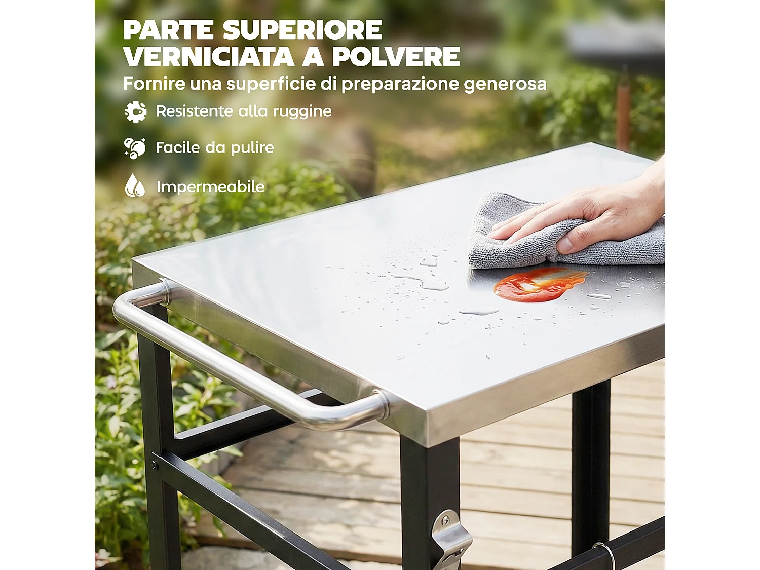 Carrello per barbecue con piano in acciaio inox nero