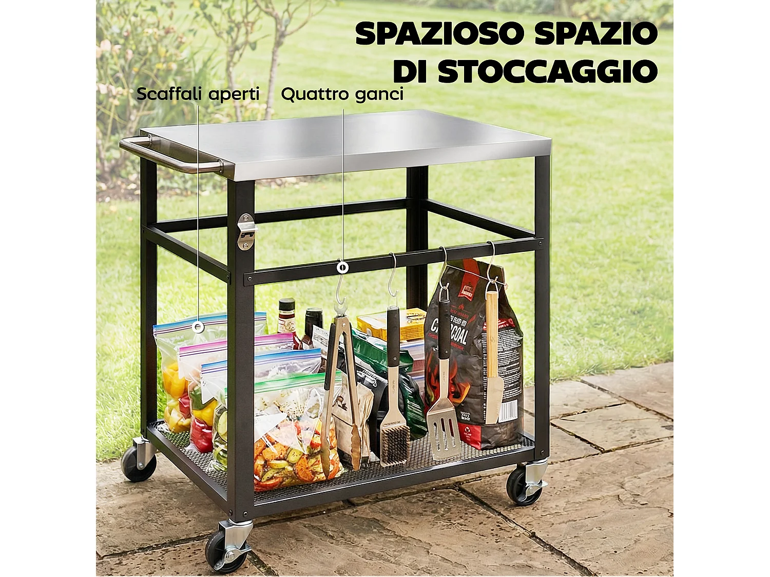 Carrello per barbecue con piano in acciaio inox nero