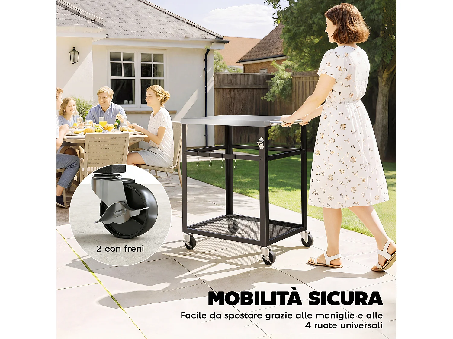 Carrello per barbecue con piano in acciaio inox nero