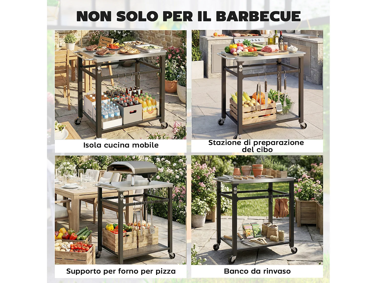 Carrello per barbecue con piano in acciaio inox nero