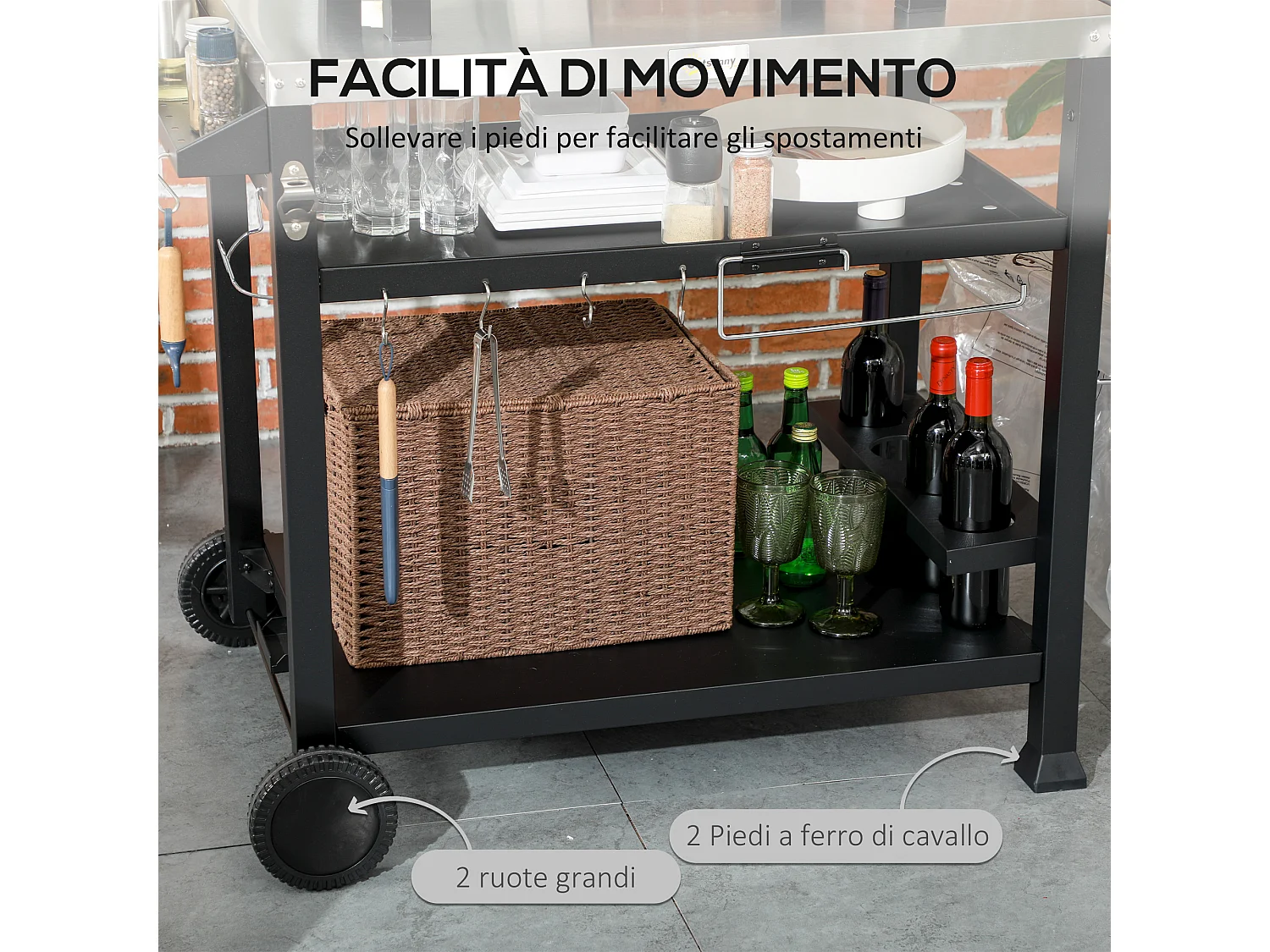 Carrello per barbecue con tavolino pieghevole in acciaio inox