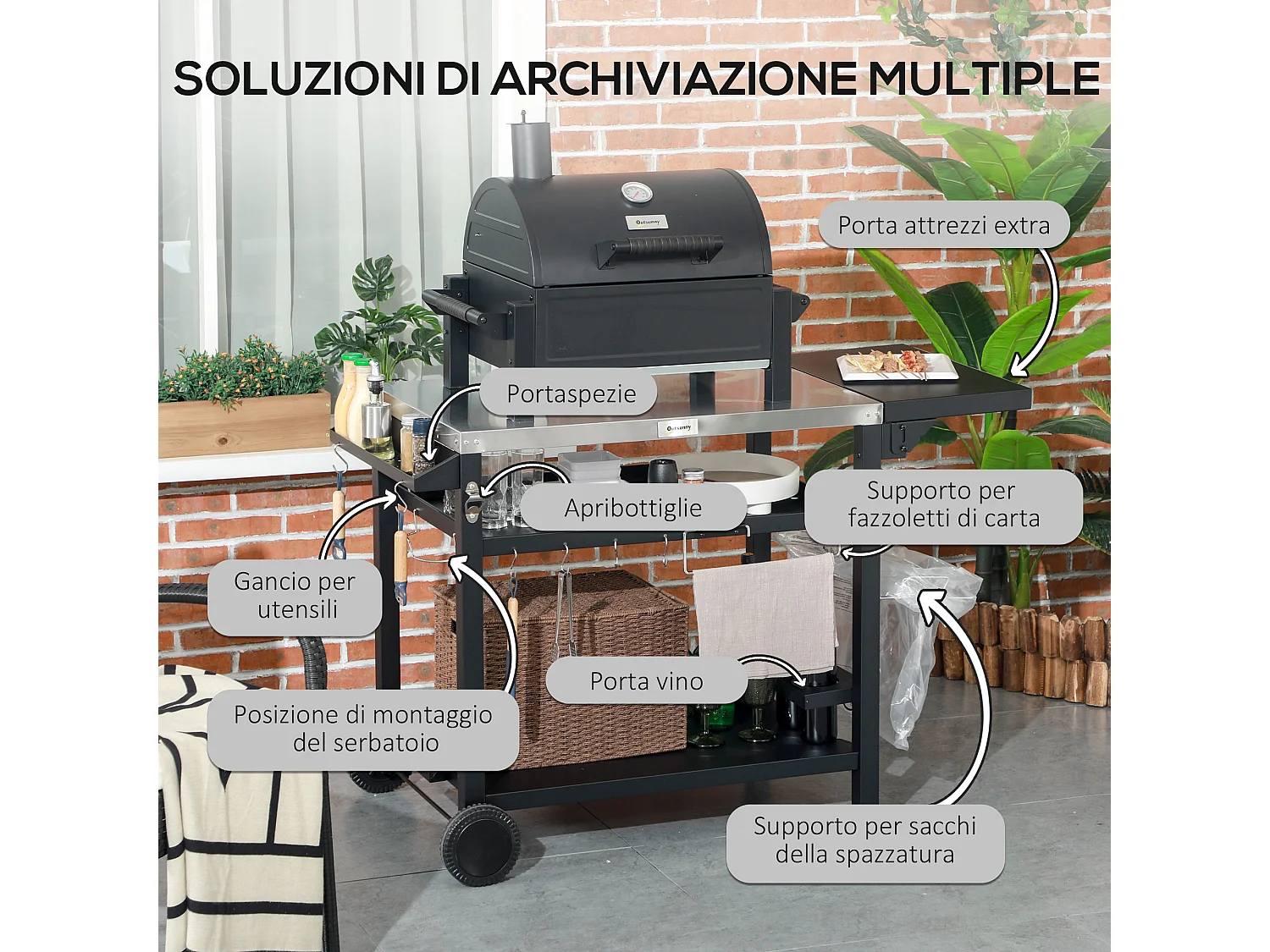 Carrello per barbecue con tavolino pieghevole in acciaio inox
