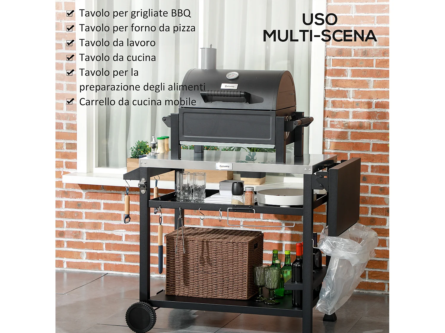 Carrello per barbecue con tavolino pieghevole in acciaio inox