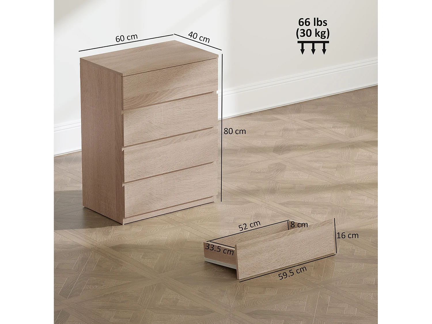 Cassettiera 4 cassetti in truciolato 60x40x80 cm color faggio