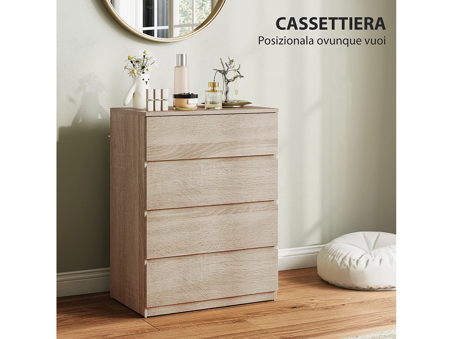 Cassettiera 4 cassetti in truciolato 60x40x80 cm color faggio