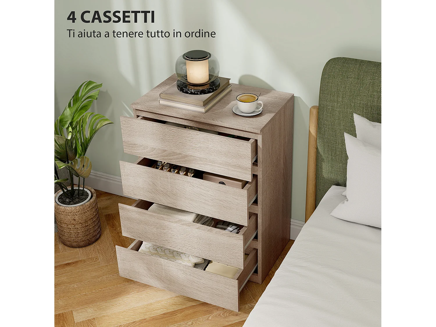 Cassettiera 4 cassetti in truciolato 60x40x80 cm color faggio