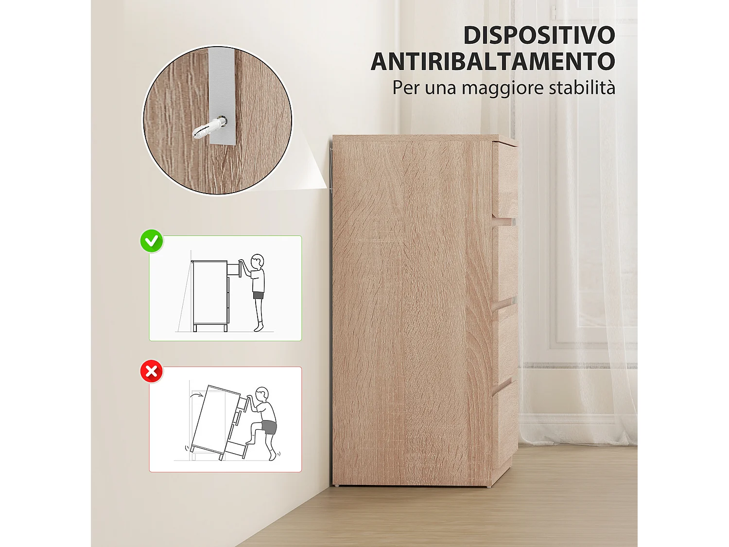 Cassettiera 4 cassetti in truciolato 60x40x80 cm color faggio