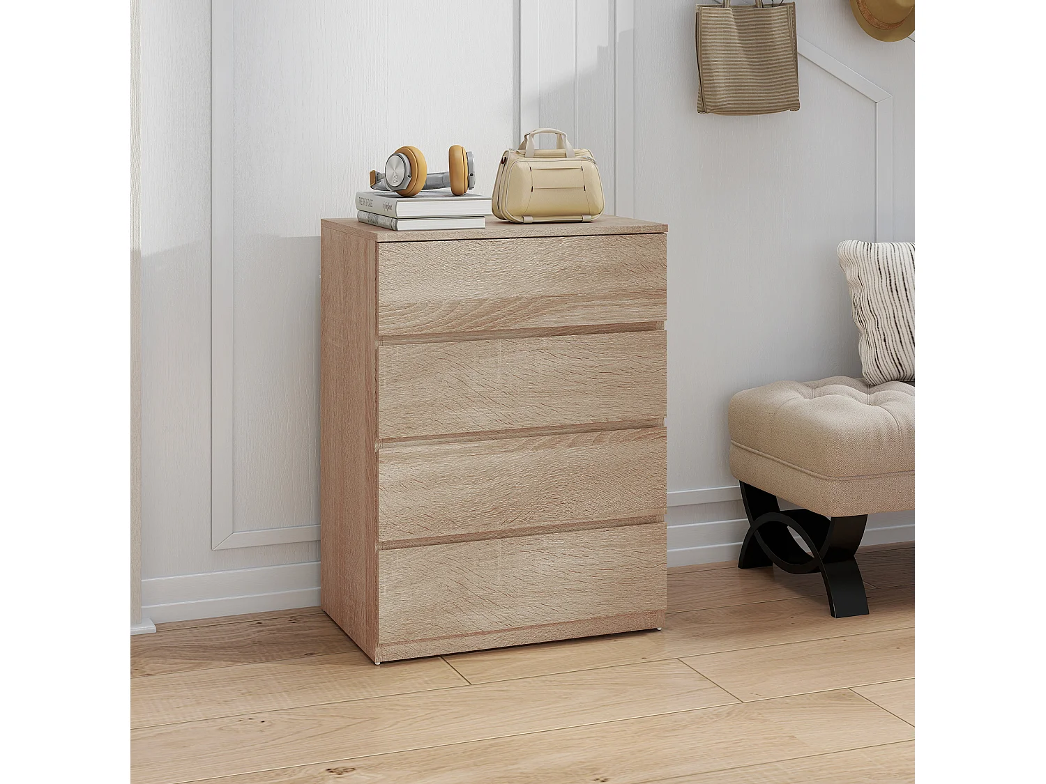 Cassettiera 4 cassetti in truciolato 60x40x80 cm color faggio