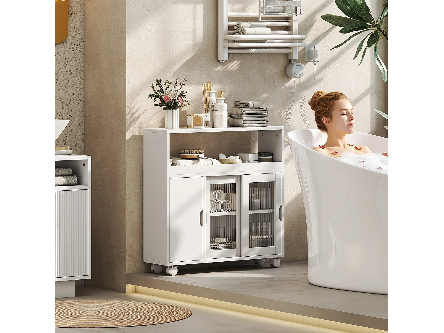 Mobile da bagno con ruote porta scorrevole in vetro temperato bianco