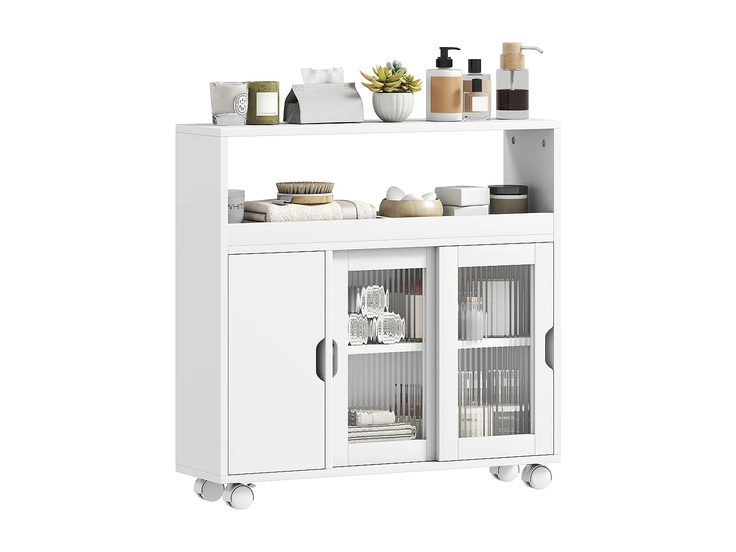 Mobile da bagno con ruote porta scorrevole in vetro temperato bianco