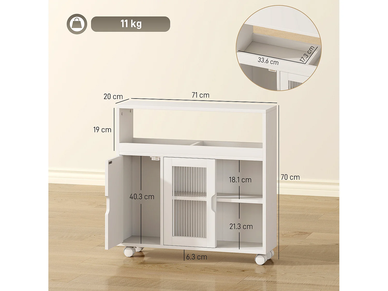 Mobile da bagno con ruote porta scorrevole in vetro temperato bianco