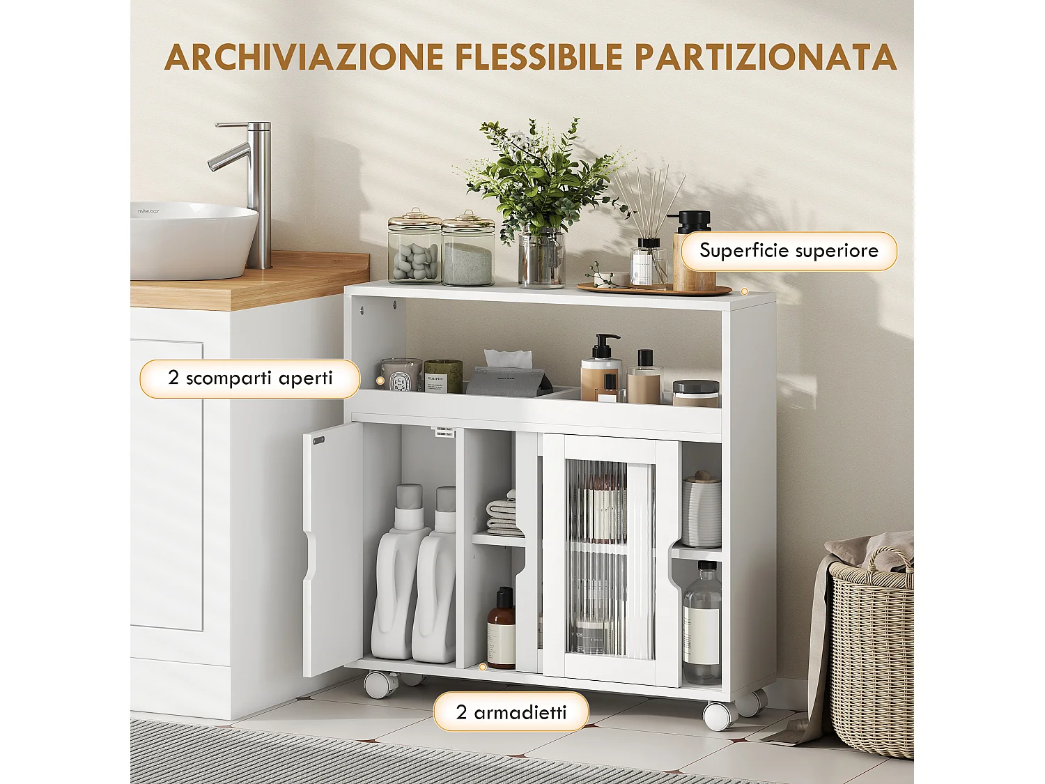 Mobile da bagno con ruote porta scorrevole in vetro temperato bianco