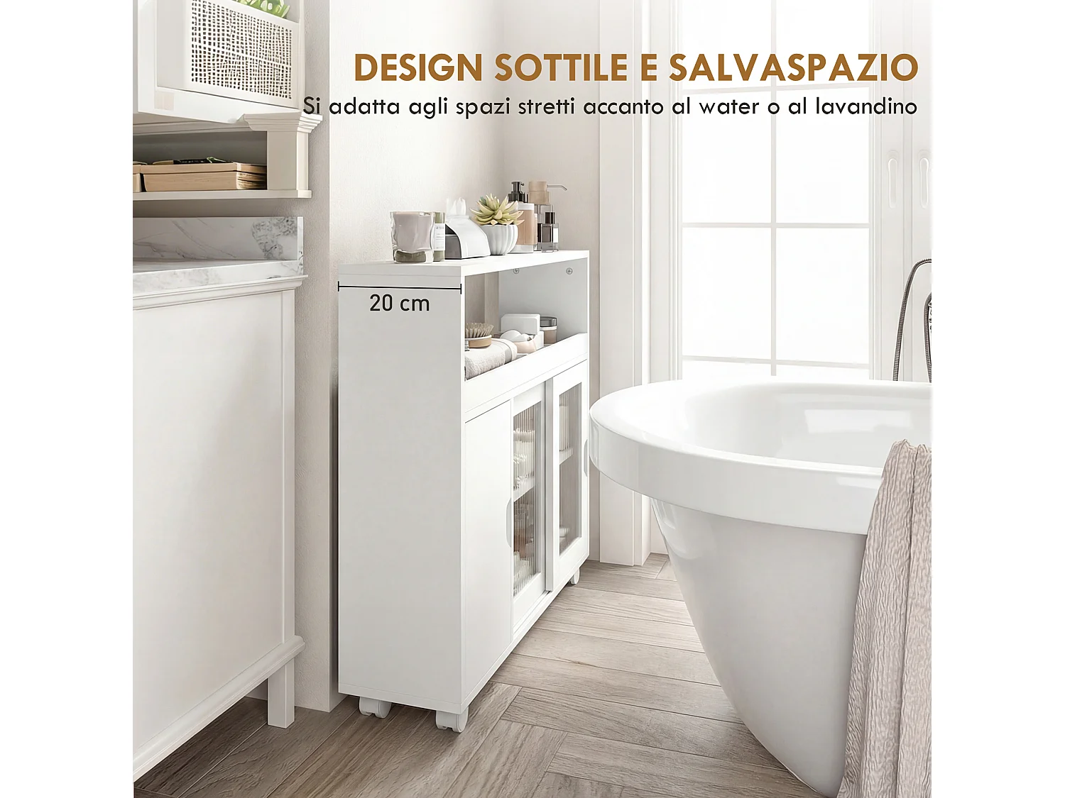 Mobile da bagno con ruote porta scorrevole in vetro temperato bianco