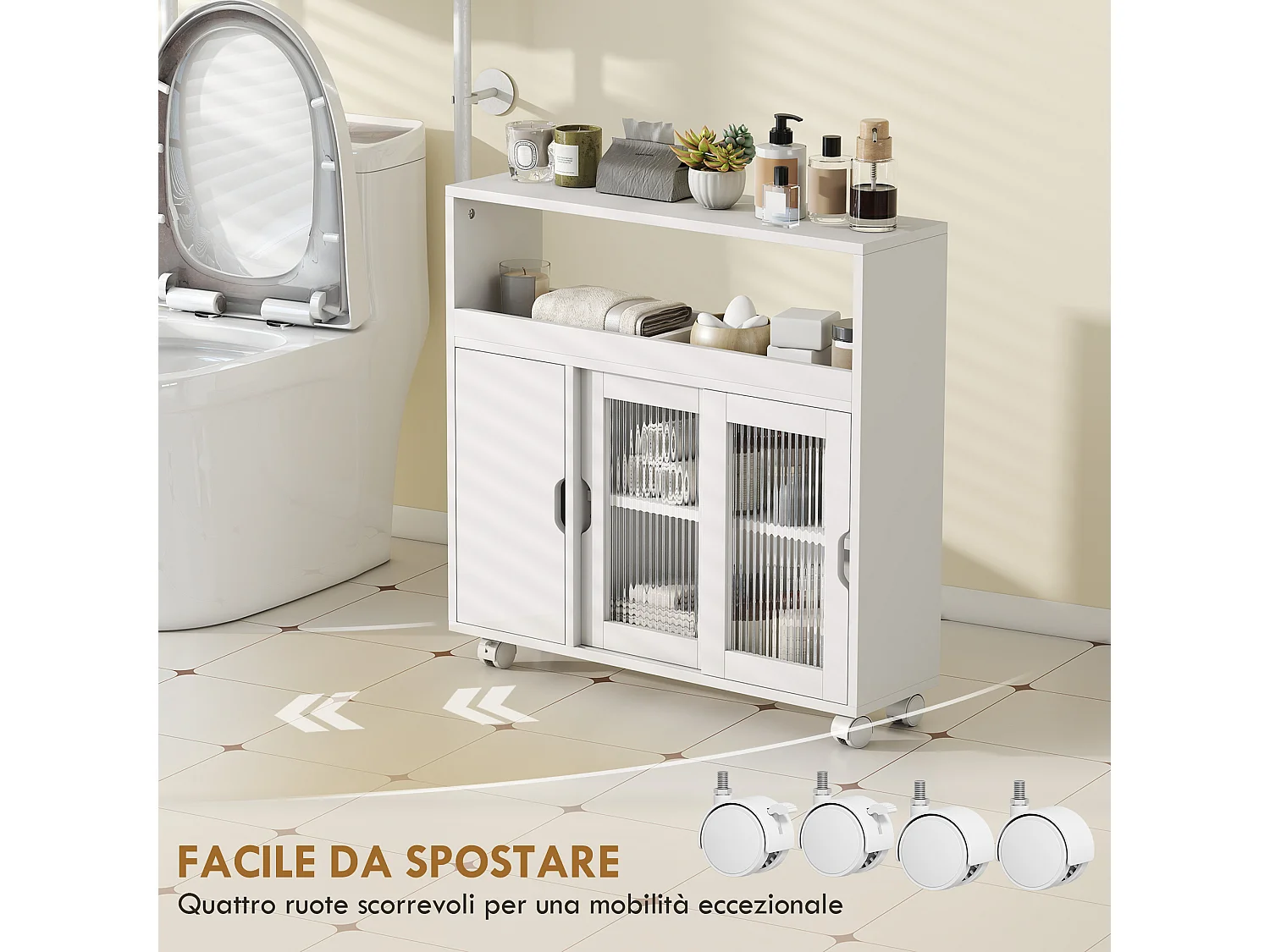 Mobile da bagno con ruote porta scorrevole in vetro temperato bianco
