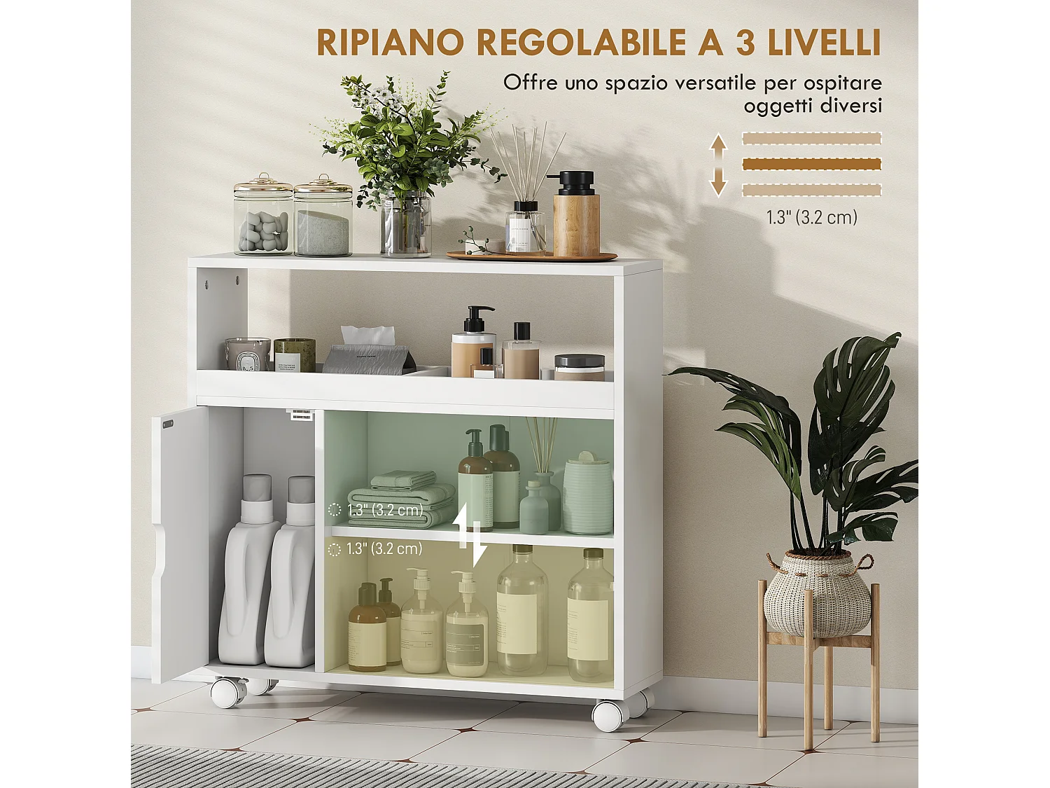 Mobile da bagno con ruote porta scorrevole in vetro temperato bianco