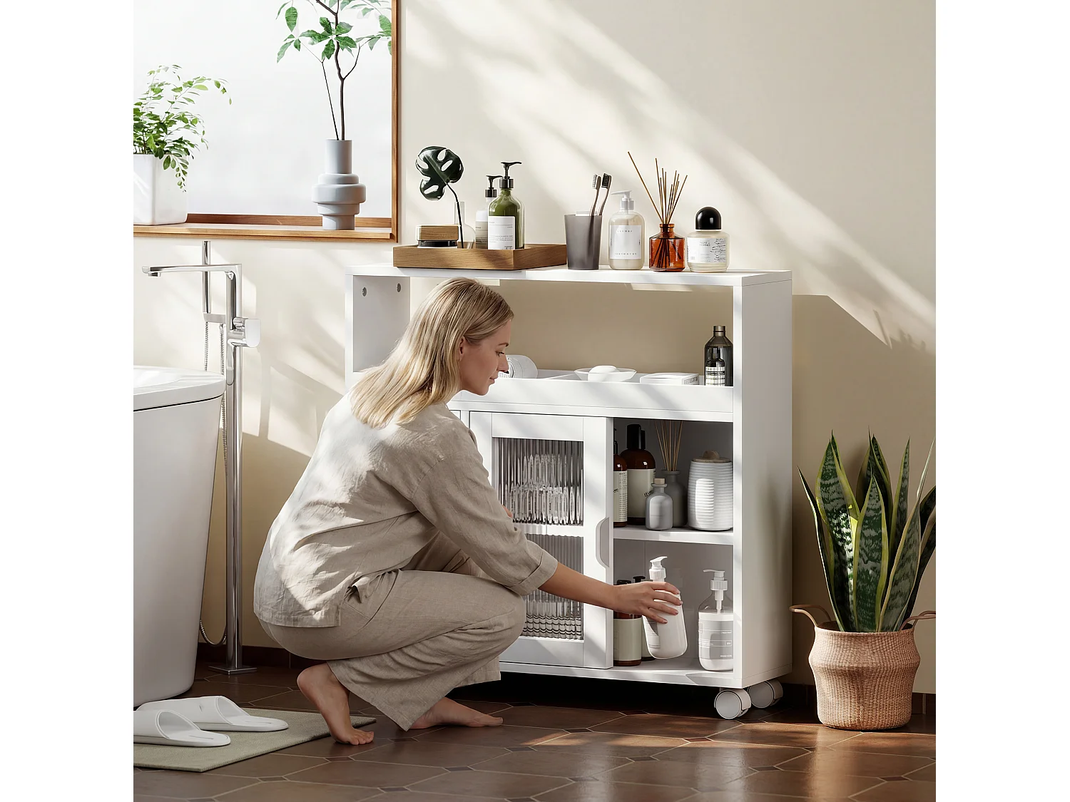 Mobile da bagno con ruote porta scorrevole in vetro temperato bianco