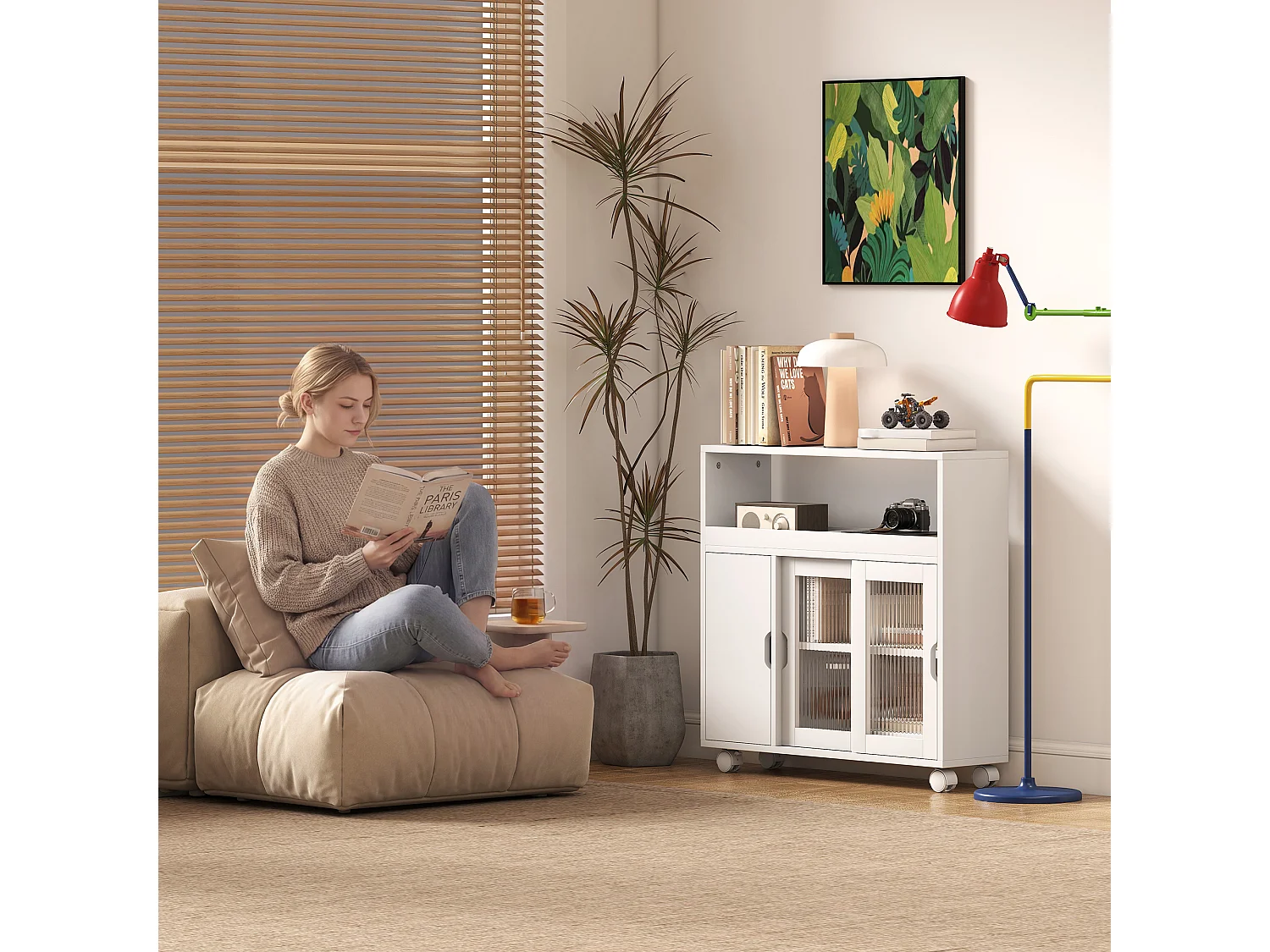 Mobile da bagno con ruote porta scorrevole in vetro temperato bianco