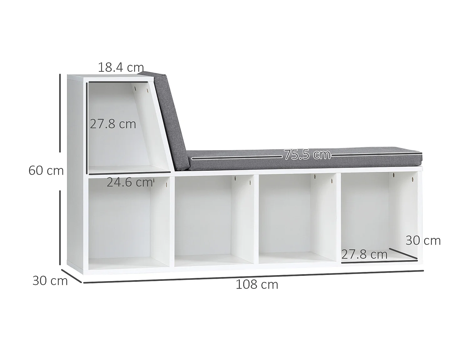 Libreria moderna a 5 ripiani aperti con 2 cuscini in legno grigio
