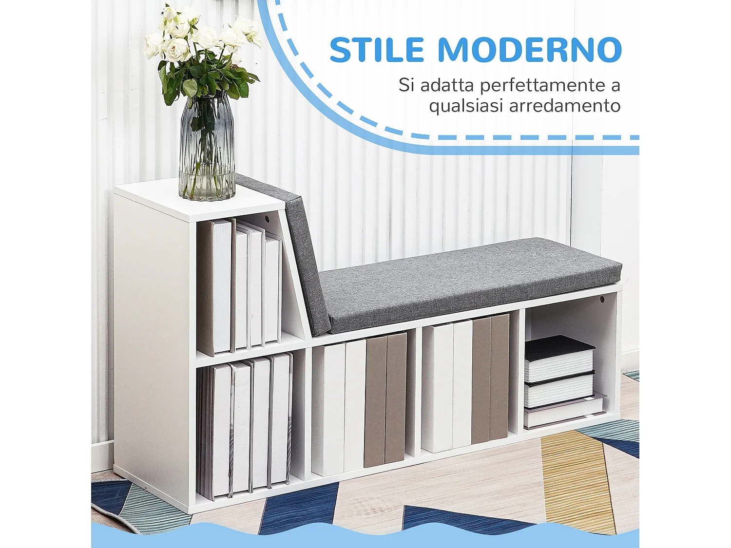 Libreria moderna a 5 ripiani aperti con 2 cuscini in legno grigio