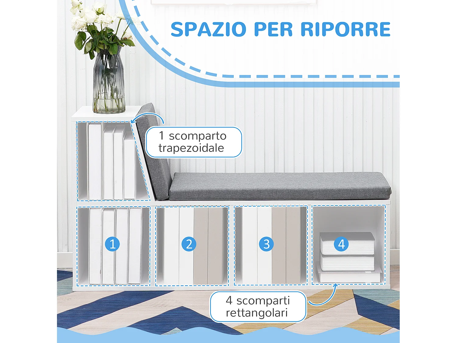 Libreria moderna a 5 ripiani aperti con 2 cuscini in legno grigio