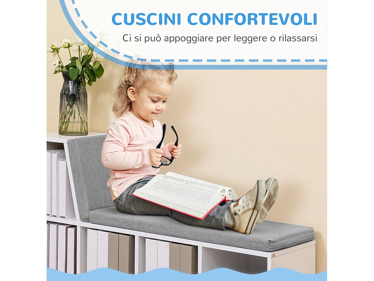 Libreria moderna a 5 ripiani aperti con 2 cuscini in legno grigio