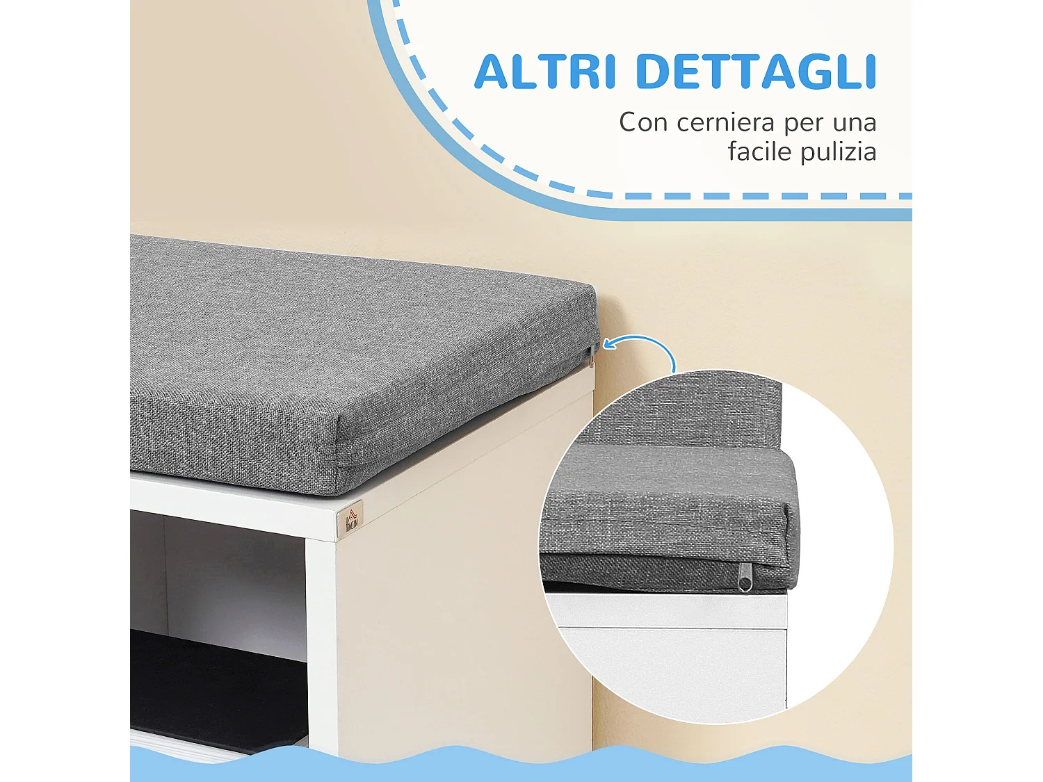 Libreria moderna a 5 ripiani aperti con 2 cuscini in legno grigio