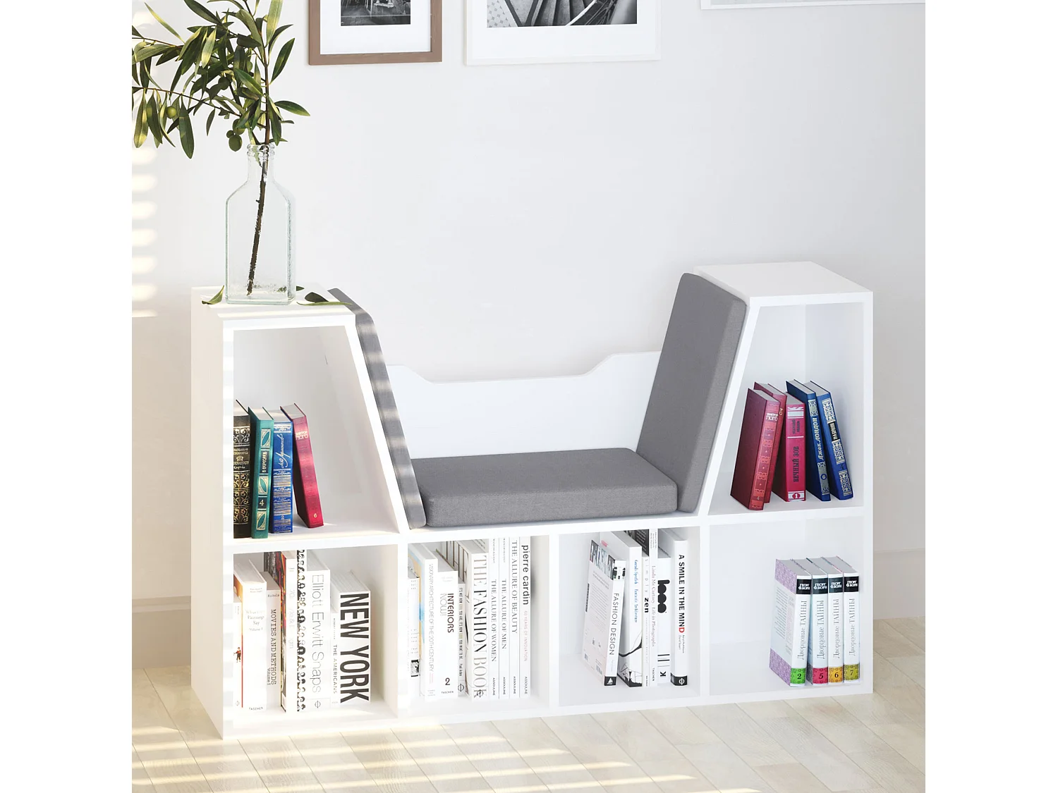 Mobile libreria a 6 sezioni 2 in 1 con cuscini morbidi in legno bianco