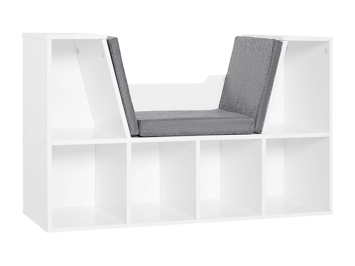 Mobile libreria a 6 sezioni 2 in 1 con cuscini morbidi in legno bianco