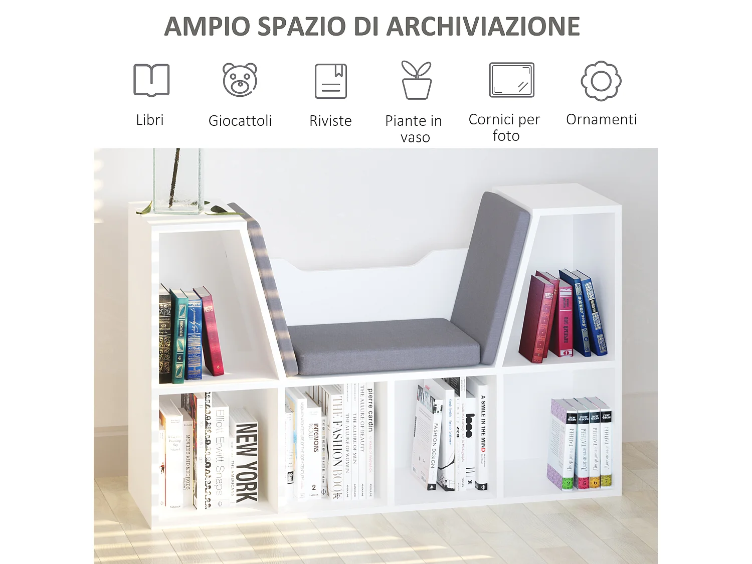 Mobile libreria a 6 sezioni 2 in 1 con cuscini morbidi in legno bianco