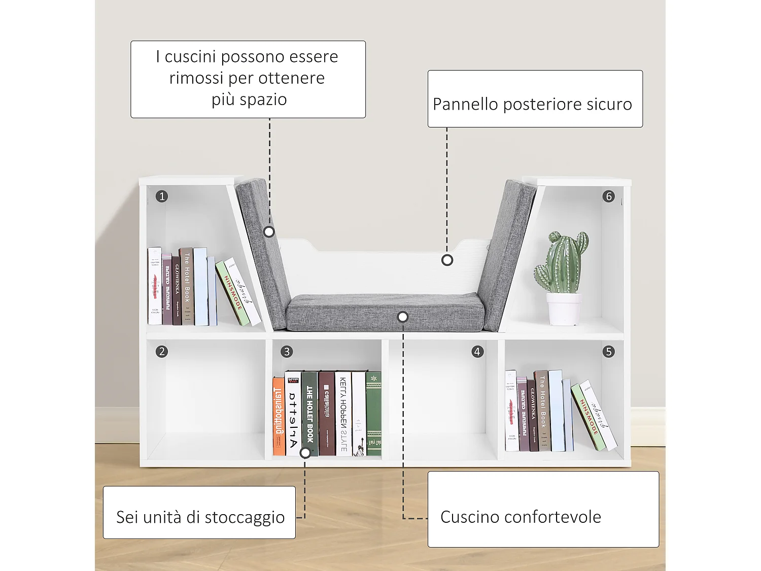 Mobile libreria a 6 sezioni 2 in 1 con cuscini morbidi in legno bianco
