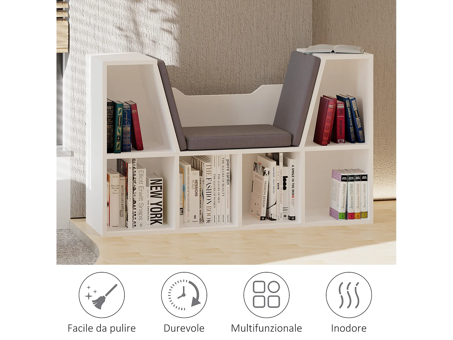 Mobile libreria a 6 sezioni 2 in 1 con cuscini morbidi in legno bianco