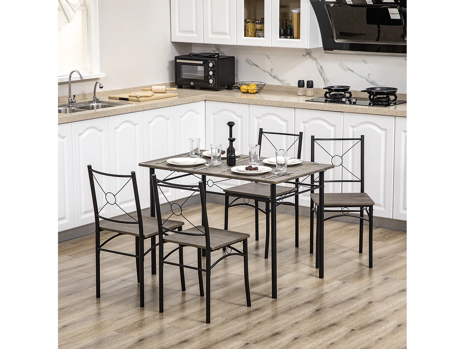 Set da cucina con tavolo da pranzo e 4 sedie in mdf e metallo