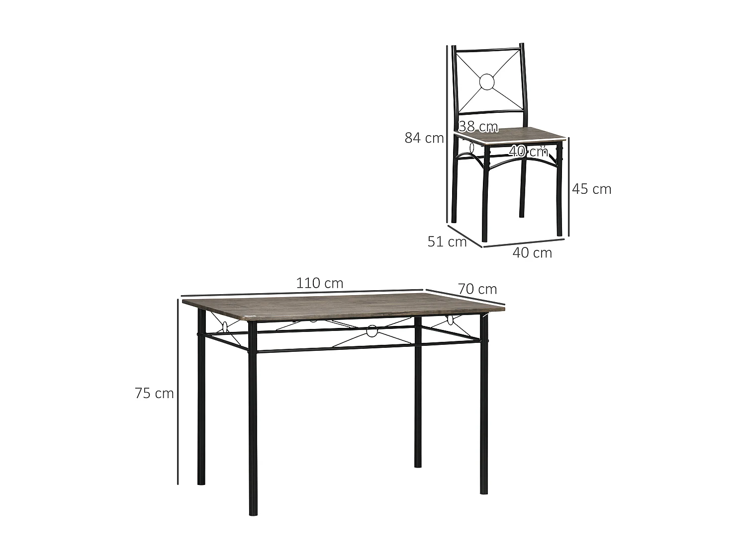 Set da cucina con tavolo da pranzo e 4 sedie in mdf e metallo